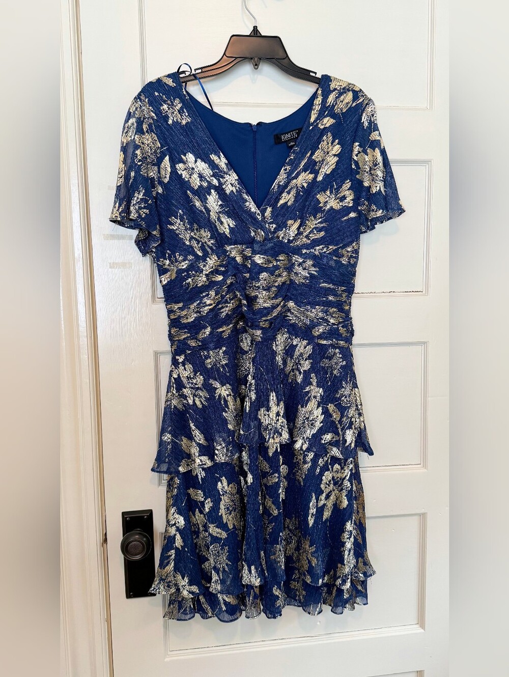 SL Fashions Blue and Gold Floral V-Neck Ruffled Dress